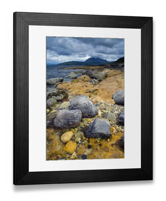 Framed Print : View of rocky coastline, with Beinn Bharrain mountain in distance, Machrie Bay, Isle of Arran, Firth of Clyde Framed Print : View of rocky coastline, with Beinn Bharrain mountain in distance, Machrie Bay, Isle of Arran, Firth of Clyde