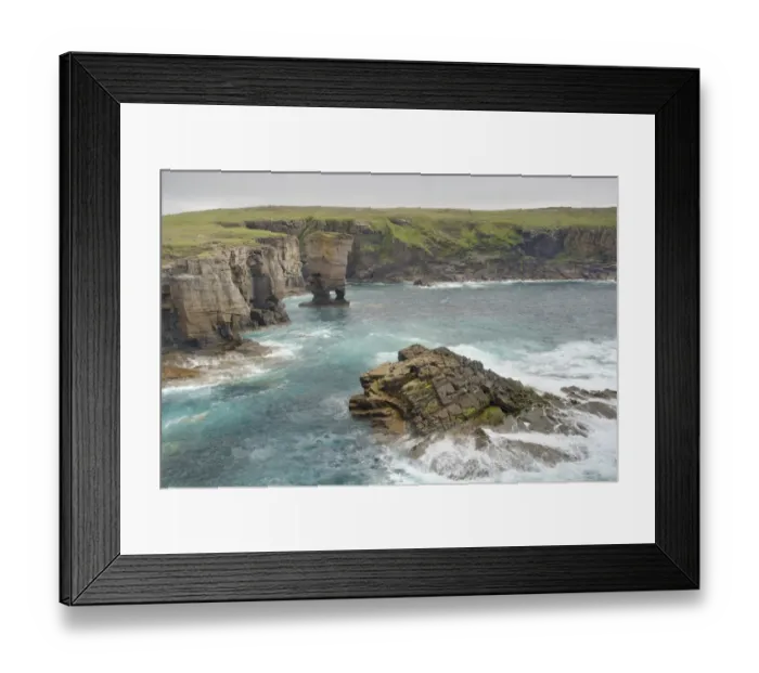 Framed Print : View of sea cliffs and offshore stack, Yesnaby Castle, Yesnaby, Mainland, Orkney, Scotland, june