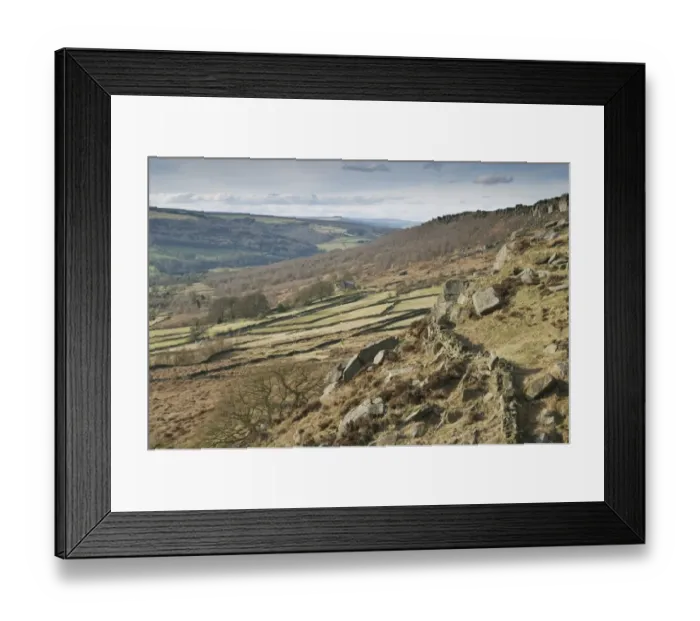 Framed Print : View of upland habitat with drystone walls and gritstone edge, looking north from Baslow Edge, Peak District