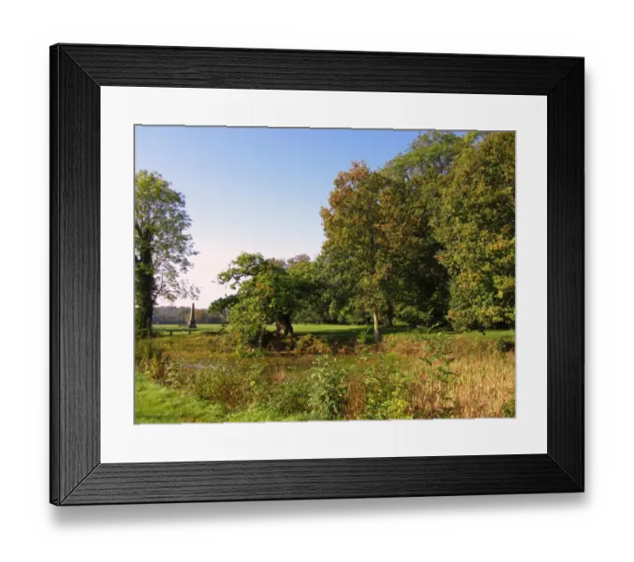 Framed Print : View of pond and war memorial, Penn Wood, Penn Street, Chilterns, Buckinghamshire, England, september Framed Print : View of pond and war memorial, Penn Wood, Penn Street, Chilterns, Buckinghamshire, England, september