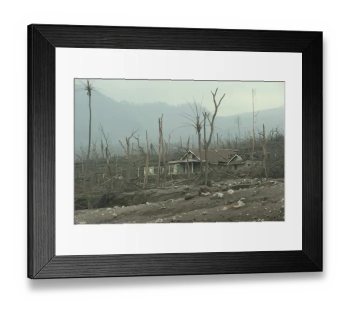 Framed Print : Ash covered fields, damaged house and dead trees, from recent volcanic eruption, Kepuharjo, Mount Merapi, Central Java Framed Print : Ash covered fields, damaged house and dead trees, from recent volcanic eruption, Kepuharjo, Mount Merapi, Central Java