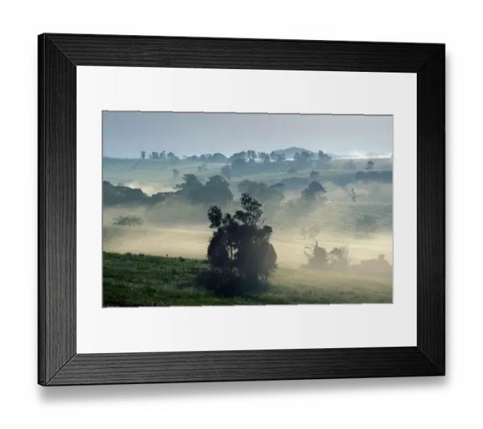 Framed Print : Mist Early morning mist hanging over Yungaburra farmland  /  Australia