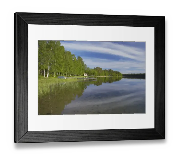 Framed Print : View of summer house and jetty beside lake, Finland Framed Print : View of summer house and jetty beside lake, Finland