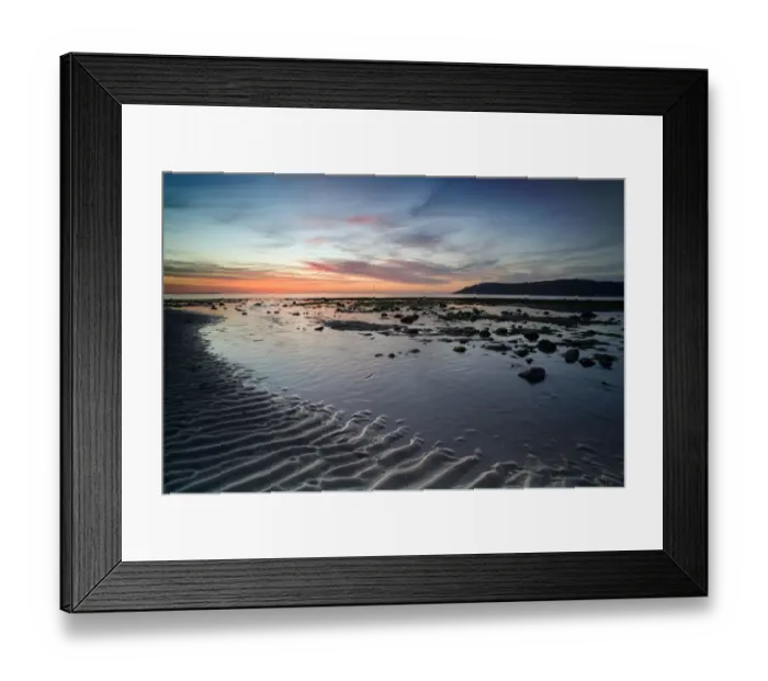 Framed Print : Sunset over distant peninsula and beach at low tide, Conwy Sands, Conwy, Wales, may Framed Print : Sunset over distant peninsula and beach at low tide, Conwy Sands, Conwy, Wales, may