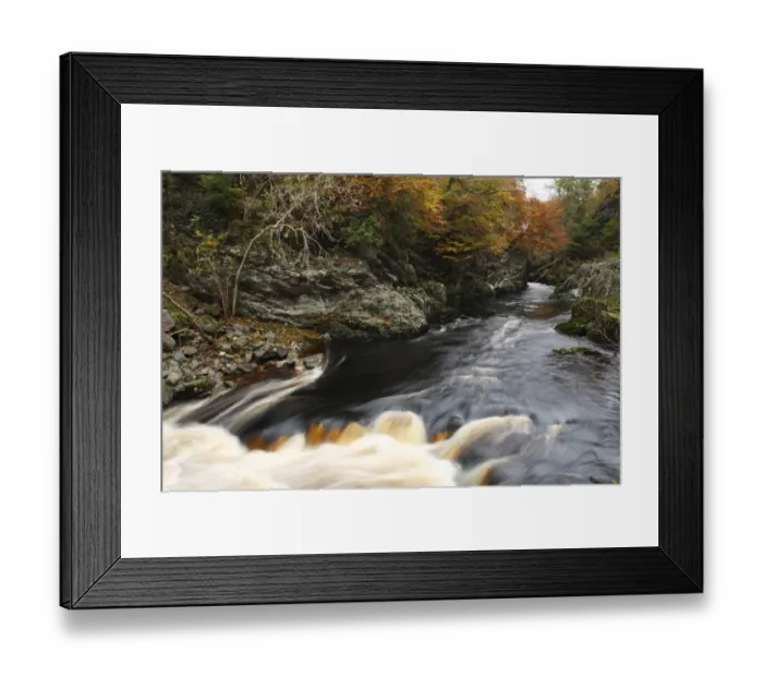 Framed Print : River flowing through wooded gorge habitat, Rocks of Solitude, River North Esk, near Edzell, Angus, Scotland, october Framed Print : River flowing through wooded gorge habitat, Rocks of Solitude, River North Esk, near Edzell, Angus, Scotland, october