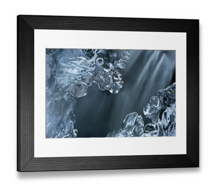 Framed Print : Water flowing under ice in mountain stream, England, december Framed Print : Water flowing under ice in mountain stream, England, december