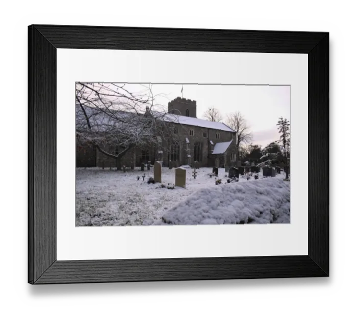 Framed Print : Medieval church and graveyard in snow, St. Marys Church, Haughley, Suffolk, England, november Framed Print : Medieval church and graveyard in snow, St. Marys Church, Haughley, Suffolk, England, november