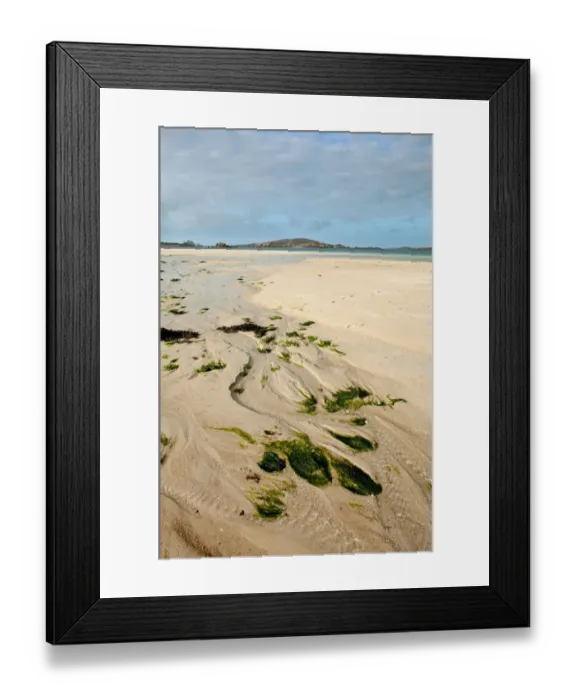 Framed Print : Stream flowing across beach at low tide, looking towards St. Helen s, Cradle Porth, Tresco, Isles of Scilly, England Framed Print : Stream flowing across beach at low tide, looking towards St. Helen s, Cradle Porth, Tresco, Isles of Scilly, England