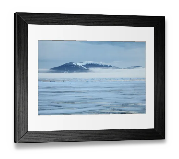 Framed Print : View of coastal ice floes, with fog covered mountains in background, Spitsbergen, Svalbard, september