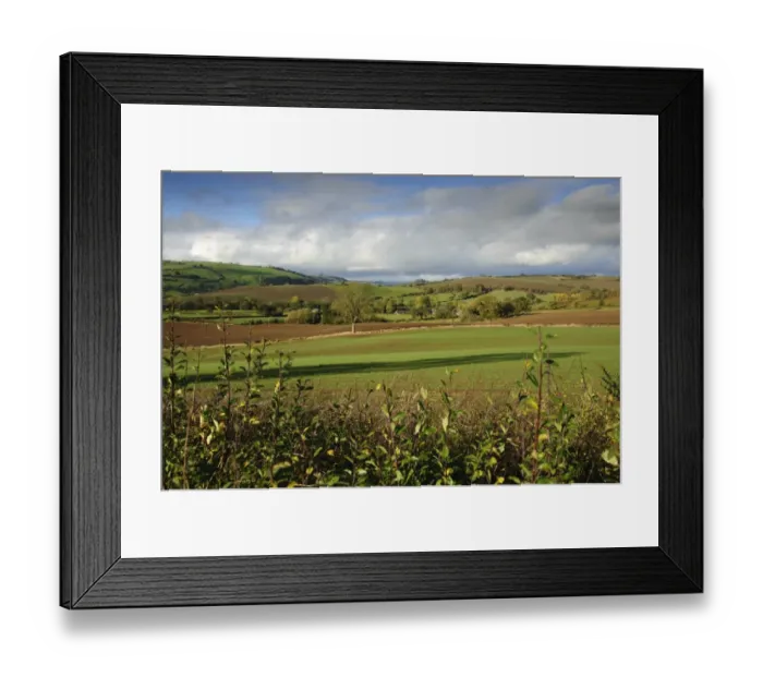 Framed Print : View of rural landscape with farmland of mixed arable and pasture with hedgerows, Clun, Shropshire, England, october Framed Print : View of rural landscape with farmland of mixed arable and pasture with hedgerows, Clun, Shropshire, England, october
