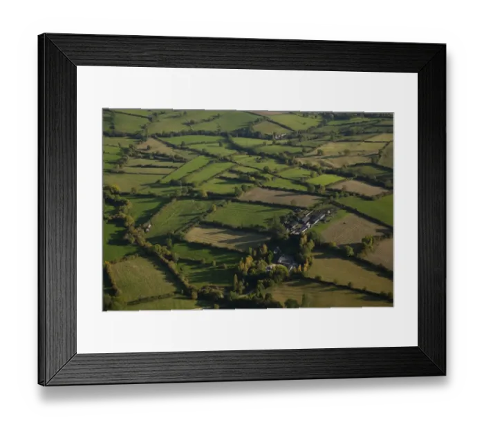 Framed Print : Aerial view of pasture and meadows with hedgerows farm buildings and cattle, near Ashbourne, White Peak, Peak District Framed Print : Aerial view of pasture and meadows with hedgerows farm buildings and cattle, near Ashbourne, White Peak, Peak District