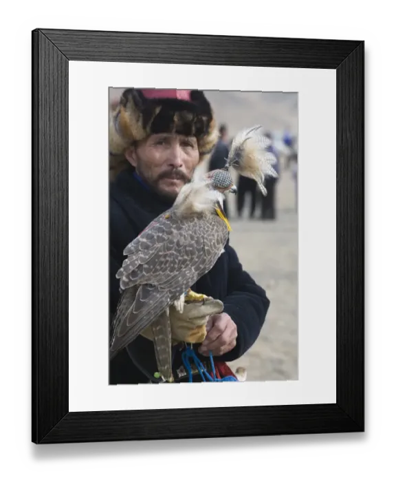 Framed Print : Kazakh hunter with hooded Saker Falcon (Falco cherrug), Eagle Hunters Festival, Bayan-Ulgii, Western Mongolia, october Framed Print : Kazakh hunter with hooded Saker Falcon (Falco cherrug), Eagle Hunters Festival, Bayan-Ulgii, Western Mongolia, october