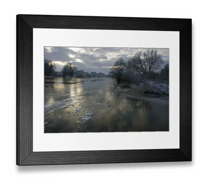 Framed Print : View of frozen river, Ferry Lane Wood, River Yare, The Broads, near Postwick, Norfolk, England, december Framed Print : View of frozen river, Ferry Lane Wood, River Yare, The Broads, near Postwick, Norfolk, England, december