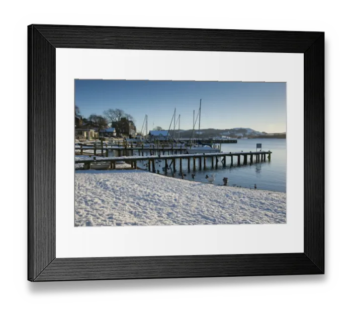 Framed Print : Snow covered lakeside and jetty, Lake Windermere, from Ambleside, Lake District N. P. Cumbria, England, december