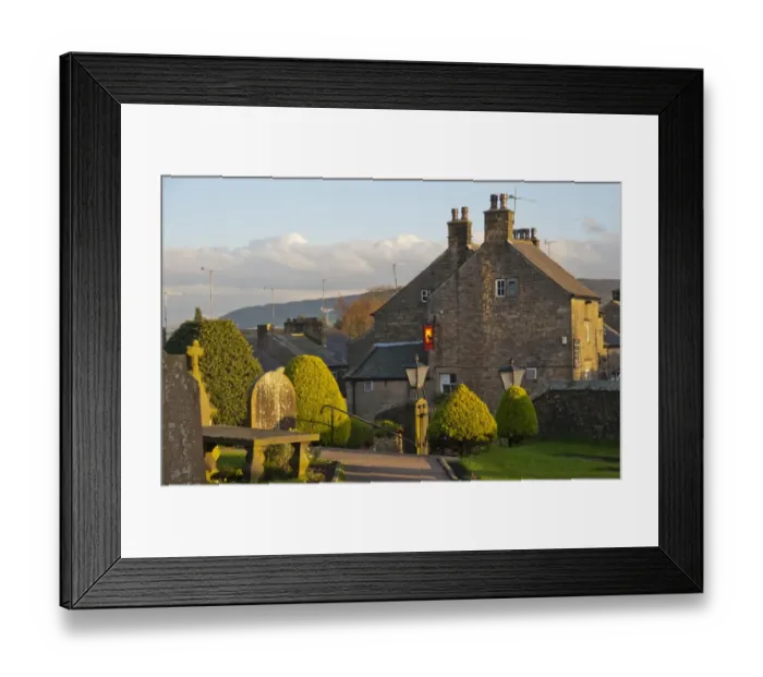 Framed Print : View of pub and village from churchyard in evening sunlight, Chipping, Forest of Bowland, Lancashire, England, november Framed Print : View of pub and village from churchyard in evening sunlight, Chipping, Forest of Bowland, Lancashire, England, november