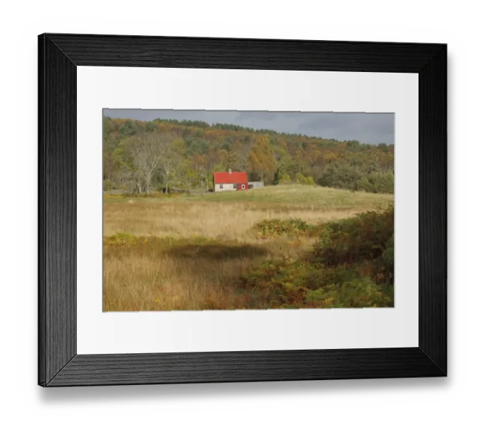 Framed Print : View of small cottage at edge of woodland habitat, Bogingore Cottage, Muir of Dinnet National Nature Reserve, Deeside