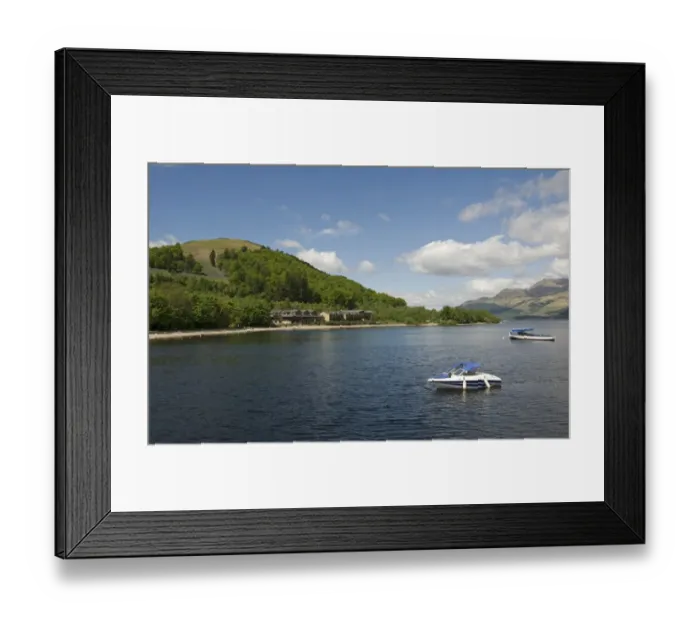 Framed Print : View of freshwater loch with boats, near Luss, Loch Lomand, Argyll and Bute, Scotland, may