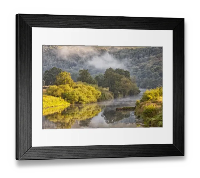 Framed Print : View of river with early morning mist clearing at dawn, Bigsweir, River Wye, Wye Valley, on border of Gloucestershire Framed Print : View of river with early morning mist clearing at dawn, Bigsweir, River Wye, Wye Valley, on border of Gloucestershire