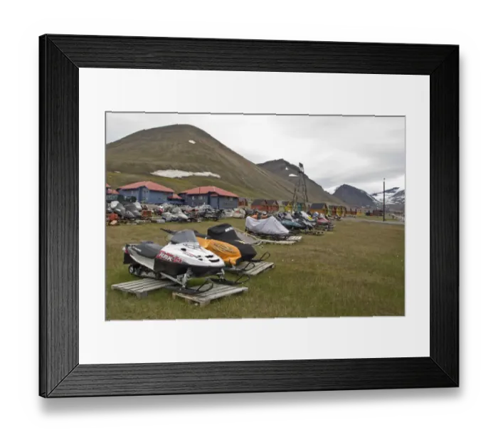 Framed Print : Skidoos in town during summer, worlds most northerly town, Longyearbyen, Spitzbergen, Svalbard, july Framed Print : Skidoos in town during summer, worlds most northerly town, Longyearbyen, Spitzbergen, Svalbard, july