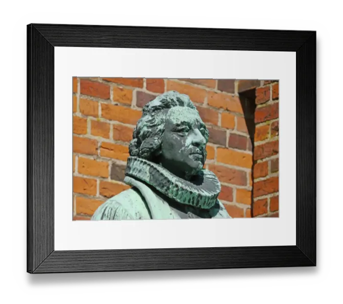 Framed Print : Statue of Hans Adolph Brorson (1694 - 1764), close-up of head, standing beside cathedral in historic town Framed Print : Statue of Hans Adolph Brorson (1694 - 1764), close-up of head, standing beside cathedral in historic town