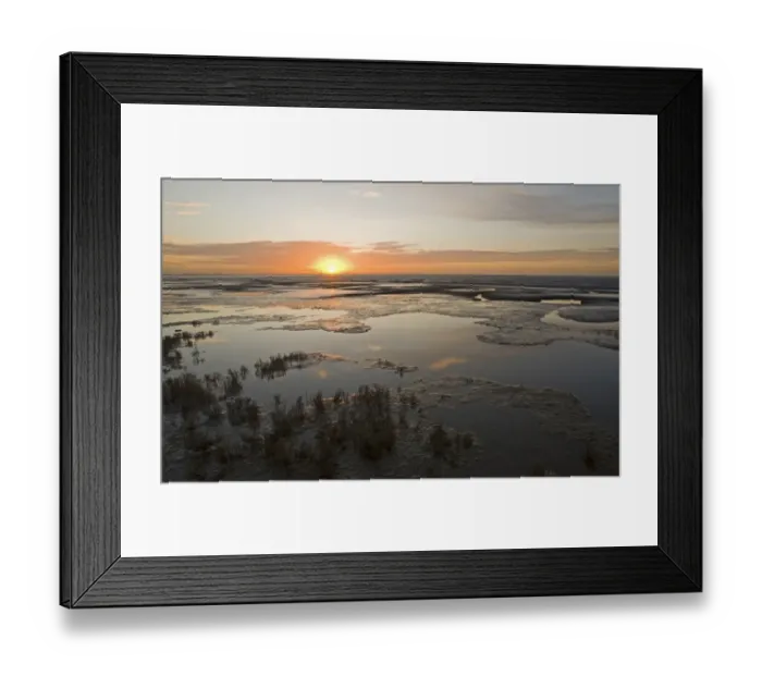 Framed Print : View of coastal estuary mudflats at sunset, Snettisham RSPB Reserve, The Wash, Norfolk, England, winter Framed Print : View of coastal estuary mudflats at sunset, Snettisham RSPB Reserve, The Wash, Norfolk, England, winter