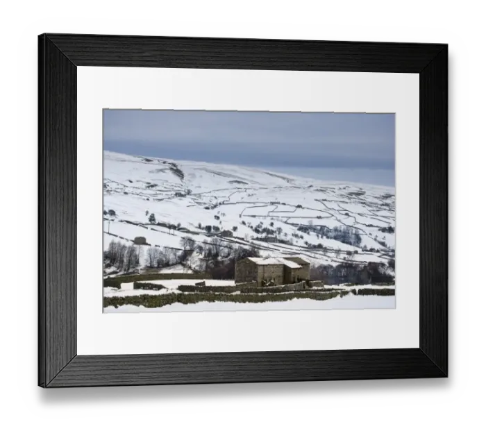 Framed Print : View of snow covered upland farmland with stone barns and drystone walls, Swaledale, Yorkshire Dales N. P Framed Print : View of snow covered upland farmland with stone barns and drystone walls, Swaledale, Yorkshire Dales N. P