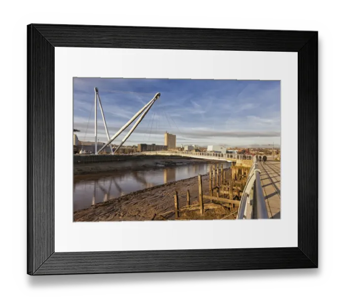 Framed Print : View of tidal river and footbridge, Newport City Footbridge, River Usk, Newport, South Wales, Wales, january Framed Print : View of tidal river and footbridge, Newport City Footbridge, River Usk, Newport, South Wales, Wales, january
