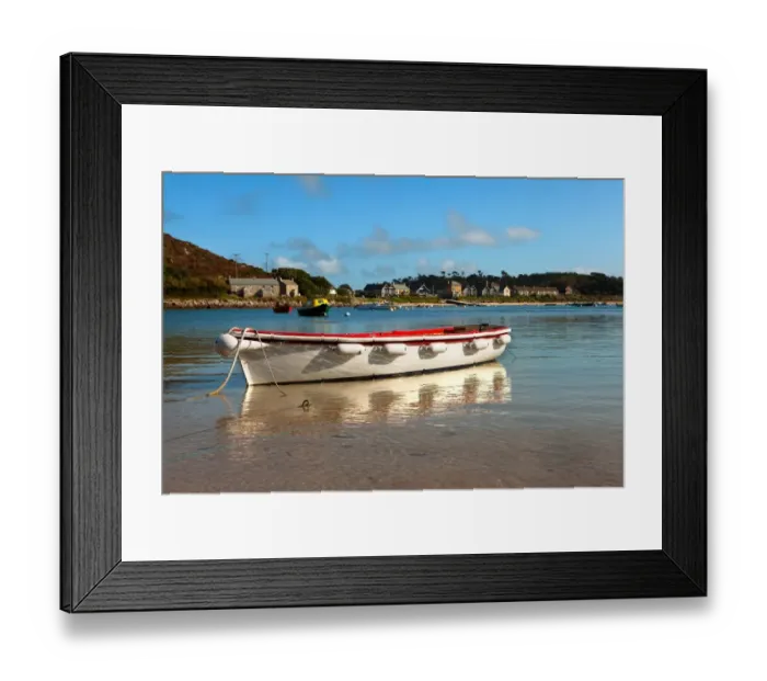 Framed Print : Large rowing boat moored in calm waters of coastal village harbour, New Grimsby, Tresco, Isles of Scilly, England Framed Print : Large rowing boat moored in calm waters of coastal village harbour, New Grimsby, Tresco, Isles of Scilly, England