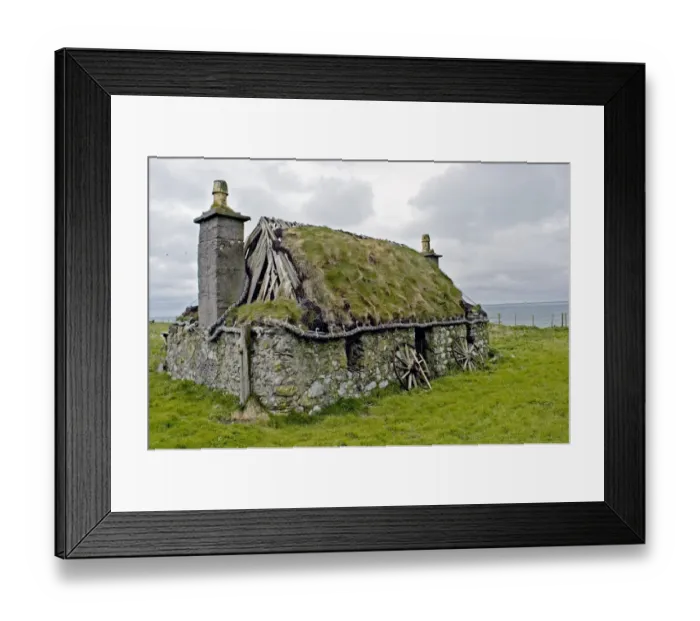 Framed Print : Derelict croft cottage near coast, thatch retained with wire netting and rope, South Uist, Outer Hebrides, Scotland Framed Print : Derelict croft cottage near coast, thatch retained with wire netting and rope, South Uist, Outer Hebrides, Scotland