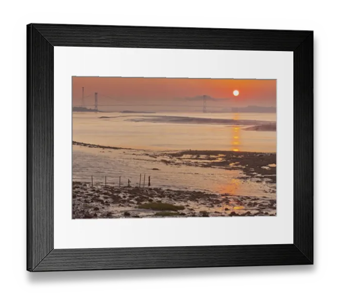 Framed Print : View over river estuary towards suspension bridge in mist at dawn, viewed from Blackrock (Portskewett), Severn Bridge Framed Print : View over river estuary towards suspension bridge in mist at dawn, viewed from Blackrock (Portskewett), Severn Bridge
