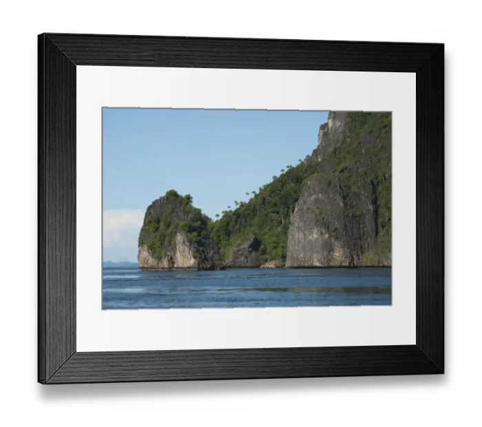 Framed Print : View of coast with limestone rock islands, Raja Ampat, West Papua, New Guinea, Indonesia Framed Print : View of coast with limestone rock islands, Raja Ampat, West Papua, New Guinea, Indonesia
