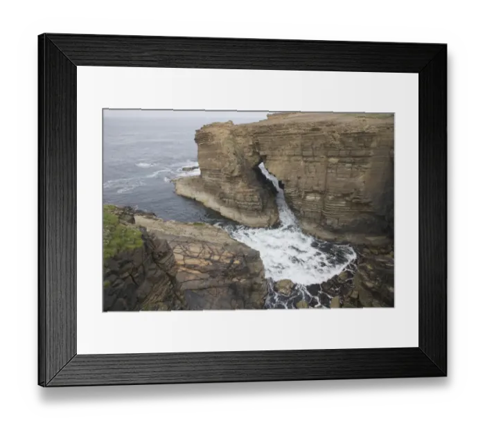 Framed Print : View of sea cliffs with water flowing through sea arch, Yesnaby, Mainland, Orkney, Scotland, june