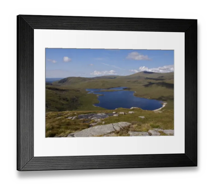 Framed Print : View of upland loch, Benyellary and Loch Neldricken from Craignaw, Galloway Hills, Dumfries and Galloway, Scotland Framed Print : View of upland loch, Benyellary and Loch Neldricken from Craignaw, Galloway Hills, Dumfries and Galloway, Scotland