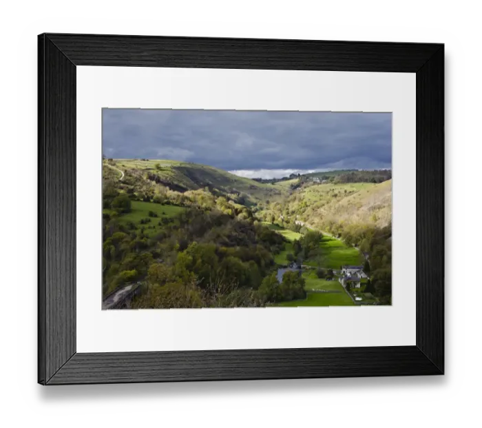 Framed Print : View of river valley with farm building, looking from Monsal Head, Upperdale, Peak District, Derbyshire, England Framed Print : View of river valley with farm building, looking from Monsal Head, Upperdale, Peak District, Derbyshire, England