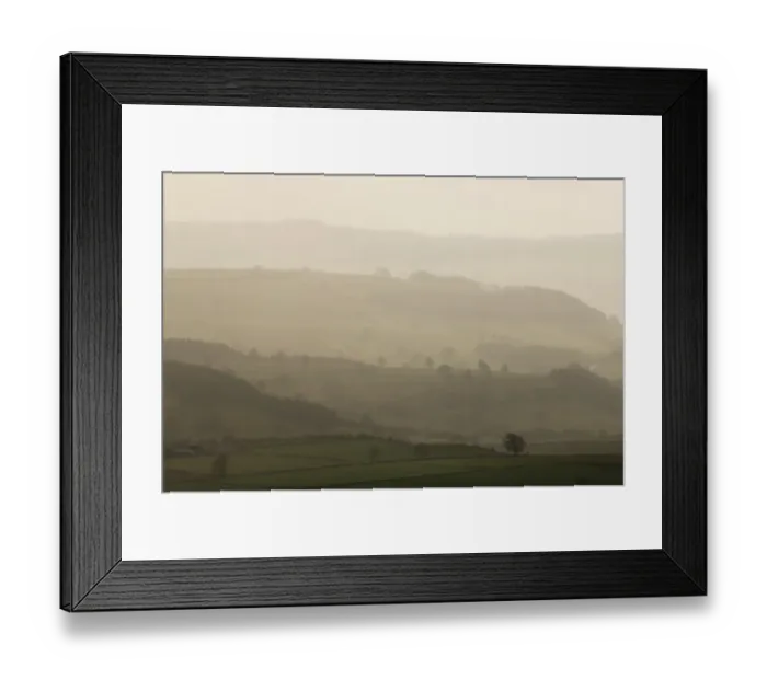 Framed Print : View of misty farmland at sunset, looking towards Bakewell, Peak District, Derbyshire, England, march Framed Print : View of misty farmland at sunset, looking towards Bakewell, Peak District, Derbyshire, England, march
