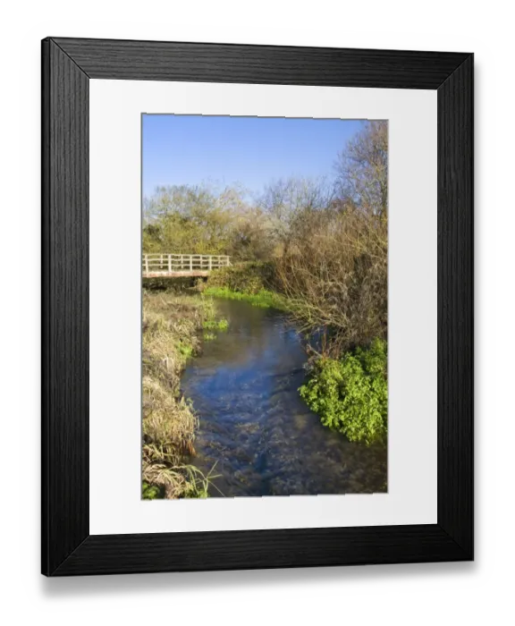 Framed Print : Chalk river flowing under bridge, River Piddle, Dorset, England, november