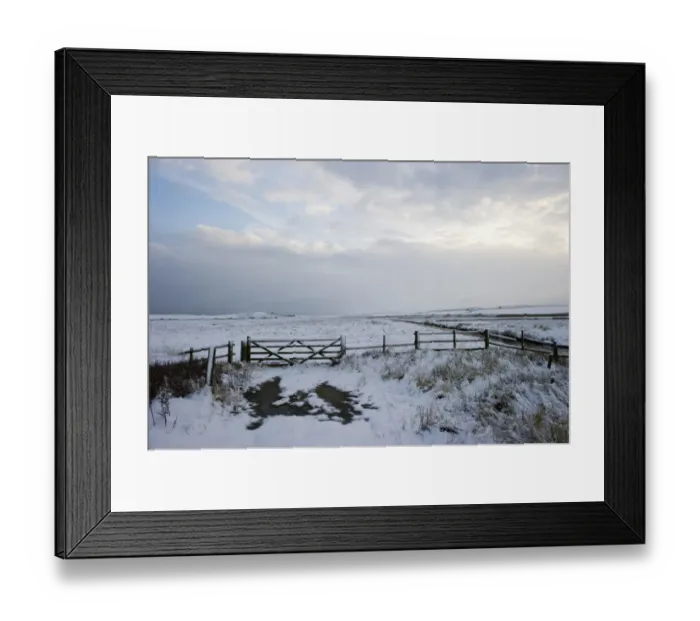 Framed Print : View of gate and snow covered coastal grazing marsh habitat, Salthouse, Norfolk, England, december Framed Print : View of gate and snow covered coastal grazing marsh habitat, Salthouse, Norfolk, England, december