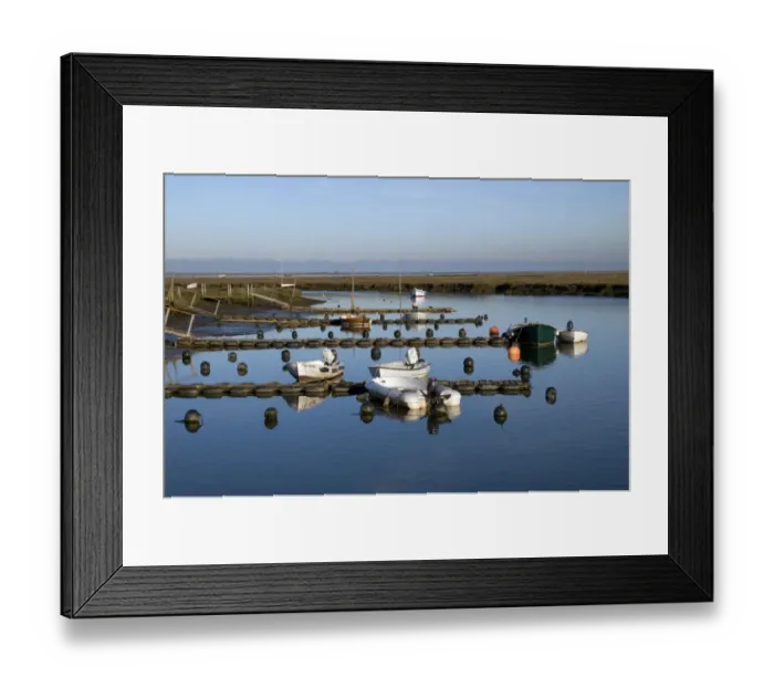 Framed Print : View of boats moored in coastal creek, Morston Quay, Norfolk, England, november