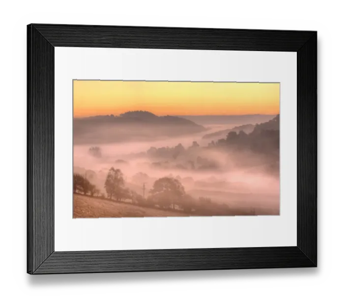 Framed Print : View of mist and frost in valley at sunrise, Upper Severn (Hafren) Valley, near Llanidloes, Powys, Wales, october