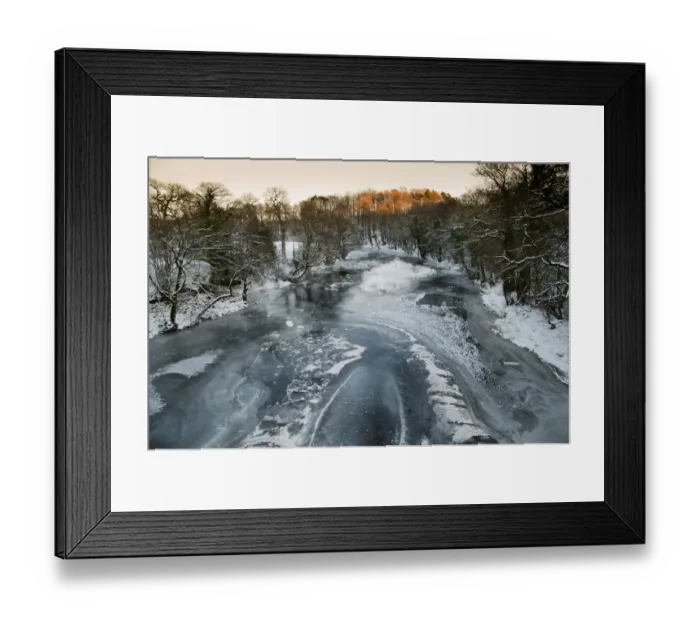 Framed Print : View of frozen river habitat, River Hodder, from Doeford Bridge, Lancashire, England, december Framed Print : View of frozen river habitat, River Hodder, from Doeford Bridge, Lancashire, England, december