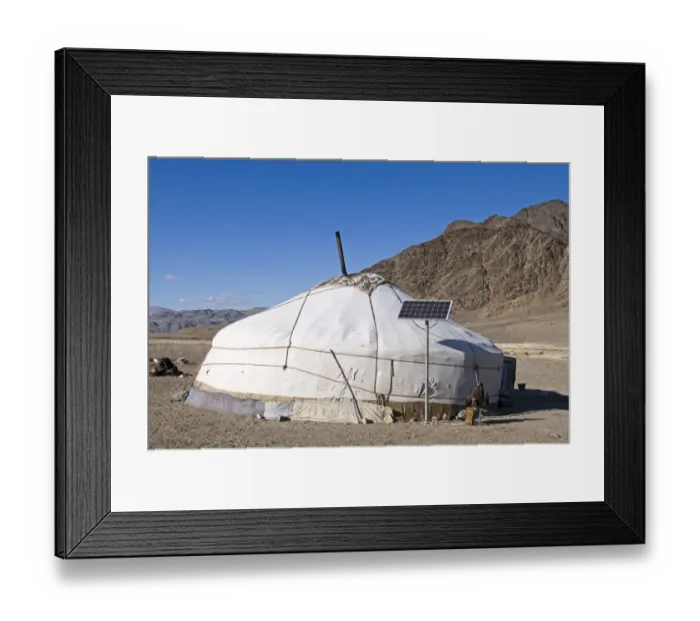 Framed Print : Kazakh nomad ger tent with solar panel and hooded Golden Eagle (Aquila chrysaetos) outside, Altai Mountains Framed Print : Kazakh nomad ger tent with solar panel and hooded Golden Eagle (Aquila chrysaetos) outside, Altai Mountains