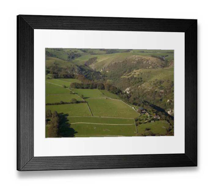 Framed Print : Aerial view of wooded valley, drystone walls and sheep flock in pasture, Dove Dale, White Peak, Peak District Framed Print : Aerial view of wooded valley, drystone walls and sheep flock in pasture, Dove Dale, White Peak, Peak District