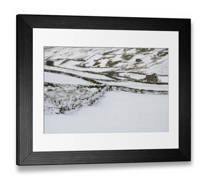Framed Print : View of snow covered upland farmland with stone barns and drystone walls, near Buttertubs Pass, Swaledale Framed Print : View of snow covered upland farmland with stone barns and drystone walls, near Buttertubs Pass, Swaledale