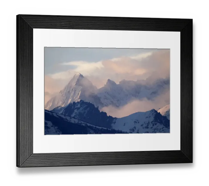 Framed Print : View of snow covered mountain peaks at sunrise, Beimaxueshan, Yunnan, China, april