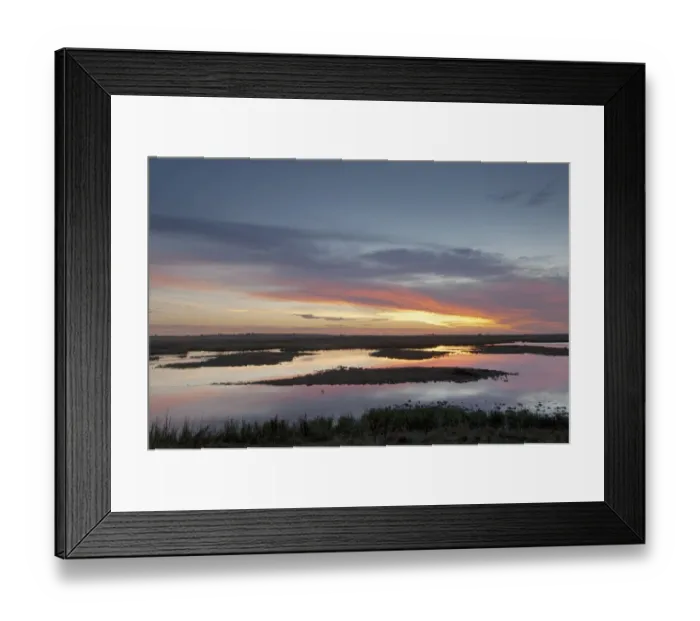 Framed Print : View of wetland habitat at sunrise, Elmley Marshes RSPB Reserve, North Kent Marshes, Isle of Sheppey, Kent, England Framed Print : View of wetland habitat at sunrise, Elmley Marshes RSPB Reserve, North Kent Marshes, Isle of Sheppey, Kent, England