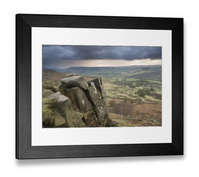 Framed Print : View of upland habitat and gritstone edge with approaching storm, Curbar Edge, Peak District, Derbyshire, England Framed Print : View of upland habitat and gritstone edge with approaching storm, Curbar Edge, Peak District, Derbyshire, England