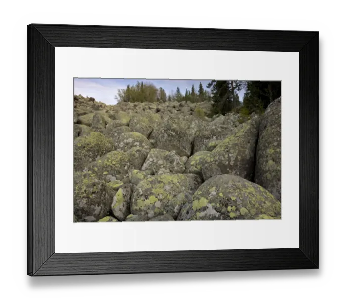 Framed Print : Granite boulders in stone run, peculiar geomorphological phenomenon formed from granite in periglacial conditions Framed Print : Granite boulders in stone run, peculiar geomorphological phenomenon formed from granite in periglacial conditions