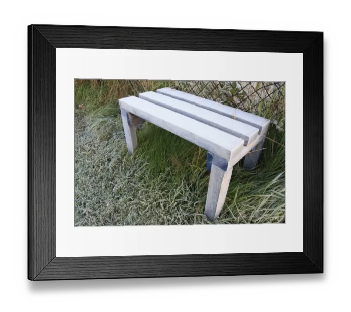 Framed Print : Frost covered bench at edge of lawn, with frost free pocket underneath, in garden at dawn, Suffolk, England, november Framed Print : Frost covered bench at edge of lawn, with frost free pocket underneath, in garden at dawn, Suffolk, England, november