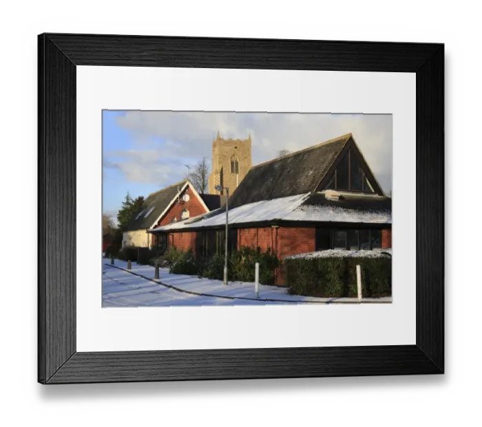 Framed Print : Village daycare centre, primary school and church tower in snow, St. Marys Church, Bacton, Suffolk, England, november Framed Print : Village daycare centre, primary school and church tower in snow, St. Marys Church, Bacton, Suffolk, England, november