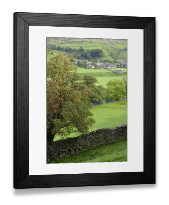 Framed Print : View of drystone wall, trees, river and village in valley bottom, Gunnerside, Swaledale, Yorkshire Dales N. P Framed Print : View of drystone wall, trees, river and village in valley bottom, Gunnerside, Swaledale, Yorkshire Dales N. P